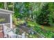 A beautiful backyard with lush greenery, stone pathways, and multi-level landscaping at 5417 Harrington Grove Dr, Raleigh, NC 27613