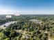 Expansive aerial view featuring Lake Iris and the Neuse River surrounded by lush greenery and homes at 5812 N Beaver Ln, Raleigh, NC 27604