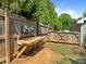 Fenced backyard featuring a wooden table and storage feeders, providing a designated area for pets and outdoor hobbies at 6200 Oliver Creek Pkwy, Holly Springs, NC 27540