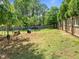 Expansive fenced backyard with mature trees and a tire swing, perfect for relaxation and outdoor play at 6200 Oliver Creek Pkwy, Holly Springs, NC 27540
