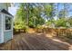 Large wooden deck perfect for outdoor gatherings, surrounded by lush trees and greenery at 6420 Dresden Ln, Raleigh, NC 27612