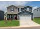 Charming two-story home with a two car garage, landscaped yard, and a welcoming red door at 712 Deschutes Dr, Garner, NC 27529