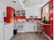 Functional kitchen space with white cabinets, red accent wall, and compact appliances at 945 St Marys St, Raleigh, NC 27605