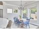 Cozy dining area with blue chairs, bathed in natural light from multiple windows at 120 Chapel Run Way, Chapel Hill, NC 27517