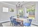 Charming dining room with a rustic wooden table, blue chairs, and plenty of natural light at 120 Chapel Run Way, Chapel Hill, NC 27517