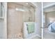 Modern walk-in shower with tile surround, glass door, and overhead shower head at 120 Chapel Run Way, Chapel Hill, NC 27517
