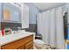 Compact bathroom with a white shower curtain, medicine cabinet, and dark blue walls at 137 Vaiden Rd, Louisburg, NC 27549