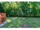 The expansive backyard features lush green grass, mature trees, and ample space for outdoor activities at 1443 Smokey Mountain Dr, Zebulon, NC 27597