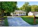 A lovely one-story home features a front porch, a driveway, mature trees, and a manicured lawn at 1443 Smokey Mountain Dr, Zebulon, NC 27597