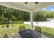 Shaded outdoor patio with dining table and view of landscaped backyard and fire pit at 159 Mitchell Manor Dr, Angier, NC 27501