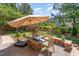 Outdoor patio area featuring a built-in fire pit, comfortable seating, and lush greenery at 1952 Combine Cir, Apex, NC 27502