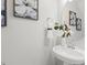 Stylish powder room with pedestal sink, decorative mirror, and fresh decor at 223 Morgan Brook Way, Rolesville, NC 27571