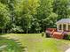Backyard with a wooden deck, lush lawn, and privacy offered by mature trees at 3204 Manor Ridge Dr, Raleigh, NC 27603
