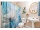 Charming bathroom with pedestal sink, decorative mirror, and stylish shower curtain with dragonfly pattern at 4608 Regency Dr, Durham, NC 27713