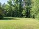Backyard with a lush green lawn is framed by mature trees, offering a picturesque view of the property at 49 Mount Joy Pl, Sanford, NC 27330