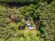 Aerial view of a private home with a pool nestled among lush trees and greenery with a long driveway at 525 Turtle Creek Farm Rd, Apex, NC 27523
