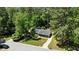 This aerial view showcases a charming home surrounded by lush greenery and mature trees at 612 Harvest Ln, Raleigh, NC 27606