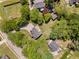 A scenic aerial view shows the property nestled among mature trees and a private, winding driveway at 6225 Jones Farm Rd, Wake Forest, NC 27587