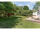 Lush backyard featuring a spacious lawn, mature trees, and a shed with a patio for outdoor relaxation at 6225 Jones Farm Rd, Wake Forest, NC 27587