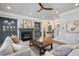 Comfortable living room with hardwood floors, a fireplace, built-in shelving, and stylish furniture at 6502 New Market Way, Raleigh, NC 27615
