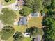 Aerial view of the home, pool, and lush fenced yard with mature trees at 6513 Cablewood Dr, Raleigh, NC 27603
