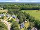 Aerial view of community featuring large, luxurious homes with mature trees and lush landscaping at 6513 Cablewood Dr, Raleigh, NC 27603