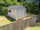 Aerial view of the storage shed with a wooden fence surrounding the yard at 6513 Cablewood Dr, Raleigh, NC 27603