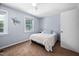 Bright bedroom with soft carpeting, a ceiling fan, and calming blue walls at 6565 New Market Way, Raleigh, NC 27615