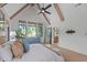 Spacious bedroom with vaulted ceilings, wood beams, large windows offering scenic views at 702 Wimbleton Dr, Raleigh, NC 27609