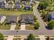 Aerial view of a neighborhood with well-manicured lawns, mature trees and sidewalks at 7700 Stonehenge Farm Ln, Raleigh, NC 27613