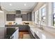 Well-lit kitchen featuring gray cabinets, a white farmhouse sink, and black countertop island at 7700 Stonehenge Farm Ln, Raleigh, NC 27613
