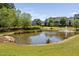 Serene pond with fountain, surrounded by lush greenery and landscaping, enhancing the community's appeal at 7700 Stonehenge Farm Ln, Raleigh, NC 27613