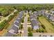 Aerial view of a tree-lined street with well-maintained homes and manicured lawns at 7700 Stonehenge Farm Ln, Raleigh, NC 27613