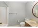 Practical bathroom featuring a vanity, toilet, and shower-tub combo with neutral finishes and fixtures at 8409 Crowder Rd, Raleigh, NC 27603