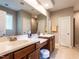 Bathroom featuring double sink vanity, walk-in shower and a garden tub under a glass block window at 91 E Walker Woods Ln, Clayton, NC 27527