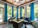 Cozy sunroom with bright curtains, comfortable seating, and views of surrounding trees at 91 E Walker Woods Ln, Clayton, NC 27527