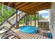 Backyard space featuring an above-ground pool and outdoor seating underneath the deck at 113 Old Ballentine Way, Holly Springs, NC 27540