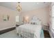 Charming bedroom featuring a floral accent wall, designer lighting, and hardwood flooring at 120 Lu Tom Ln, Wendell, NC 27591