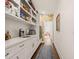 Walk-in pantry offers ample storage with open shelving, white cabinets, and a charming lemon-themed accent wall at 120 Lu Tom Ln, Wendell, NC 27591