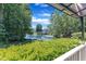 View from covered back porch overlooking the pond and mature trees at 1201 Red Beech Ct, Raleigh, NC 27614
