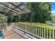 View from covered deck showcasing wood floor, white rails, mature trees, and the lake at 1201 Red Beech Ct, Raleigh, NC 27614