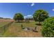 Large backyard featuring mature trees, a trampoline, fire pit, and a view of a plowed field at 130 Skipwith Dr, Wendell, NC 27591
