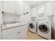 Well-equipped laundry room with white cabinets, sink, countertop, and modern washer and dryer units at 1328 Palace Garden Way, Raleigh, NC 27603