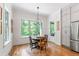 Cozy breakfast nook with hardwood floors, and bright windows with views into the exterior yard at 197 Boxwood Dr, Pittsboro, NC 27312