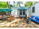 Inviting backyard featuring a stone patio, umbrella seating, and easy access through charming glass doors at 2725 Bedford Ave, Raleigh, NC 27607