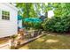 Green backyard patio with stone floor and inviting outdoor dining and seating area at 2725 Bedford Ave, Raleigh, NC 27607