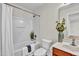 Bright bathroom featuring modern fixtures, including tub, vanity, and toilet at 3040 Varcroft Rd, Knightdale, NC 27545