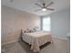Cozy bedroom with a ceiling fan, patterned accent wall, and a comfortable bed in a well-lit room at 3936 White Kestreg Dr Dr, Raleigh, NC 27616