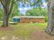 Expansive backyard featuring mature trees, grassy lawn, and a brick exterior of the home at 413 Winterlochen Rd, Raleigh, NC 27603