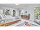 Bright bedroom with light blue walls, modern furnishings, and large windows with natural light at 4420 Dula St, Durham, NC 27705